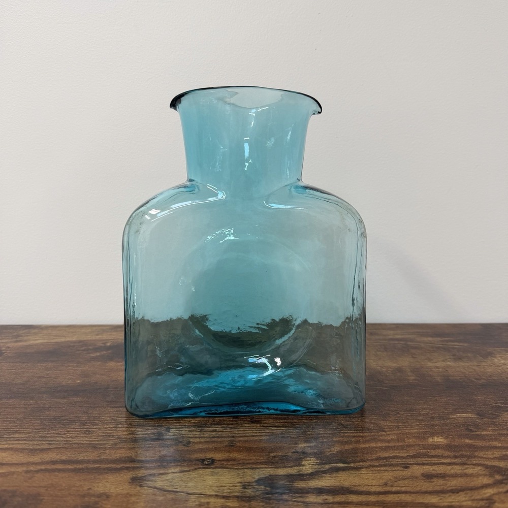 Blenko Seabreeze 384 Water Bottle Double Spout Pitcher 8" 2015 Glass Blue